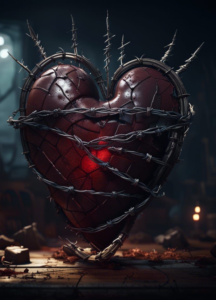 a broken heart repaired with barbed wire