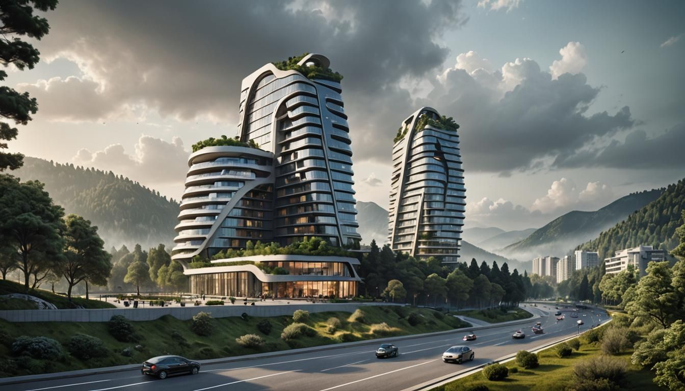 Futuristic Twin Condominiums in Matte Painting Style