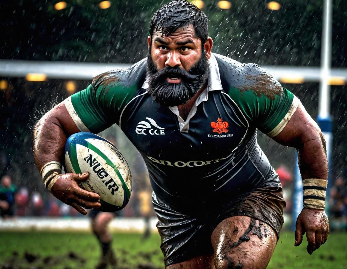 Hyperrealistic Rugby Player in Rainy Match