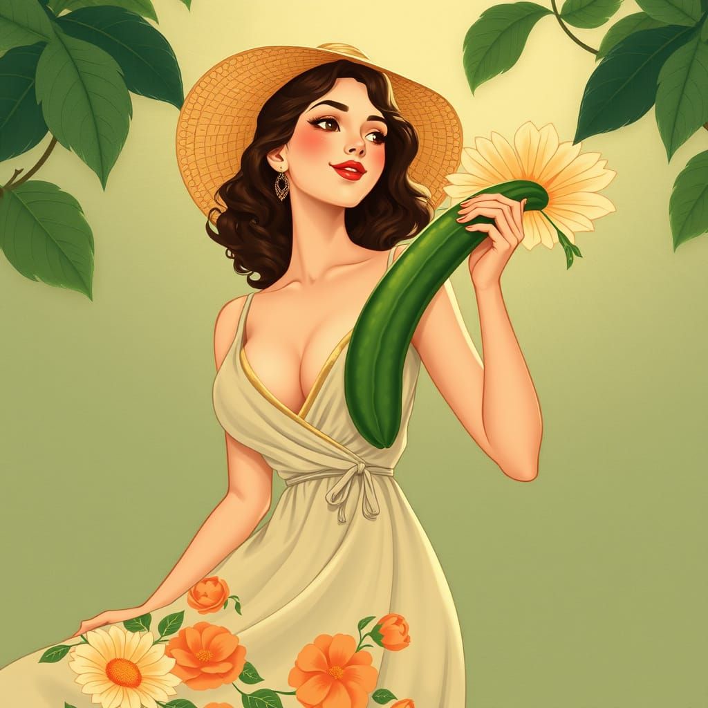Elegant Woman with Cucumber in Art Nouveau Style