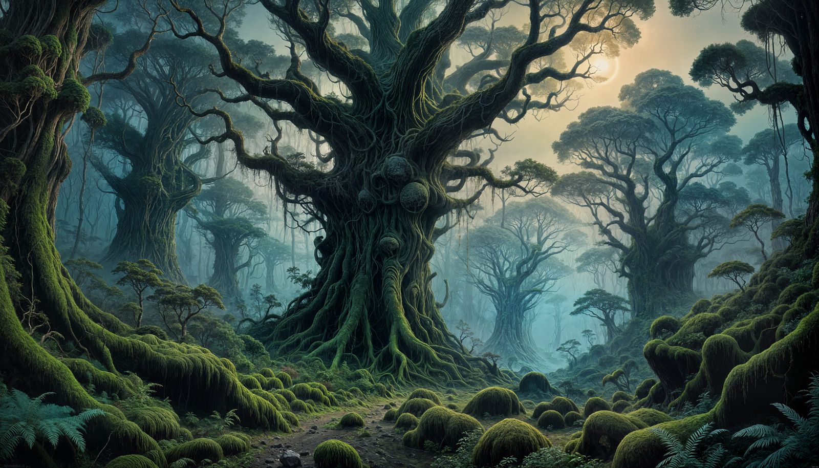 Surreal Dawn Forest Landscape Under Impossible Starry Sky