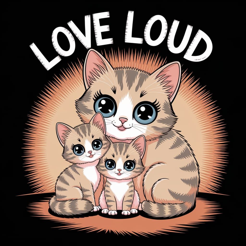 Cuddly Kawaii Cat Mom Surrounded by Kittens in Warm Glow