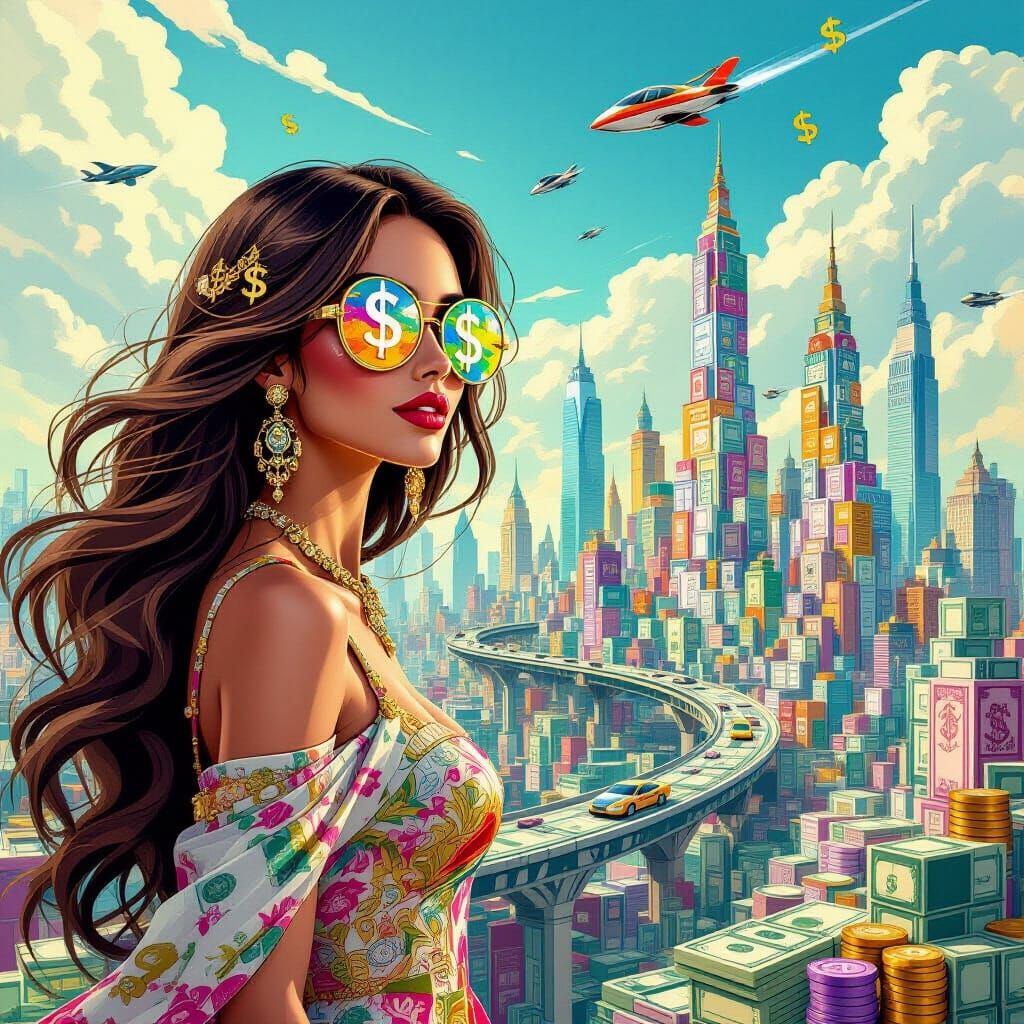 Wealthy Woman and Money Cityscape in Vibrant Illustration