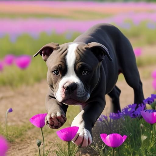 Pitbull Puppy Pouncing in Pastel Purple Poppies