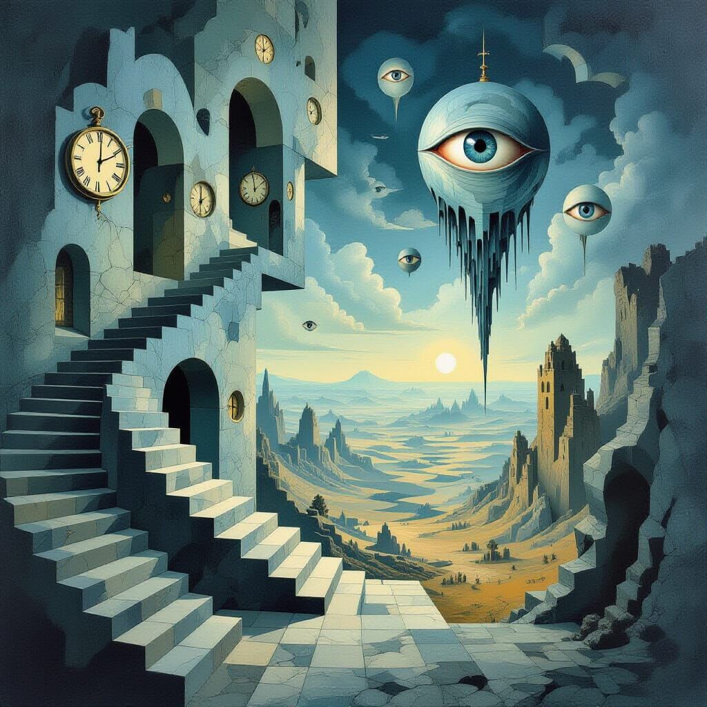 Kafkaesque Vision: Surreal Cubist Landscape with Melting Clo...