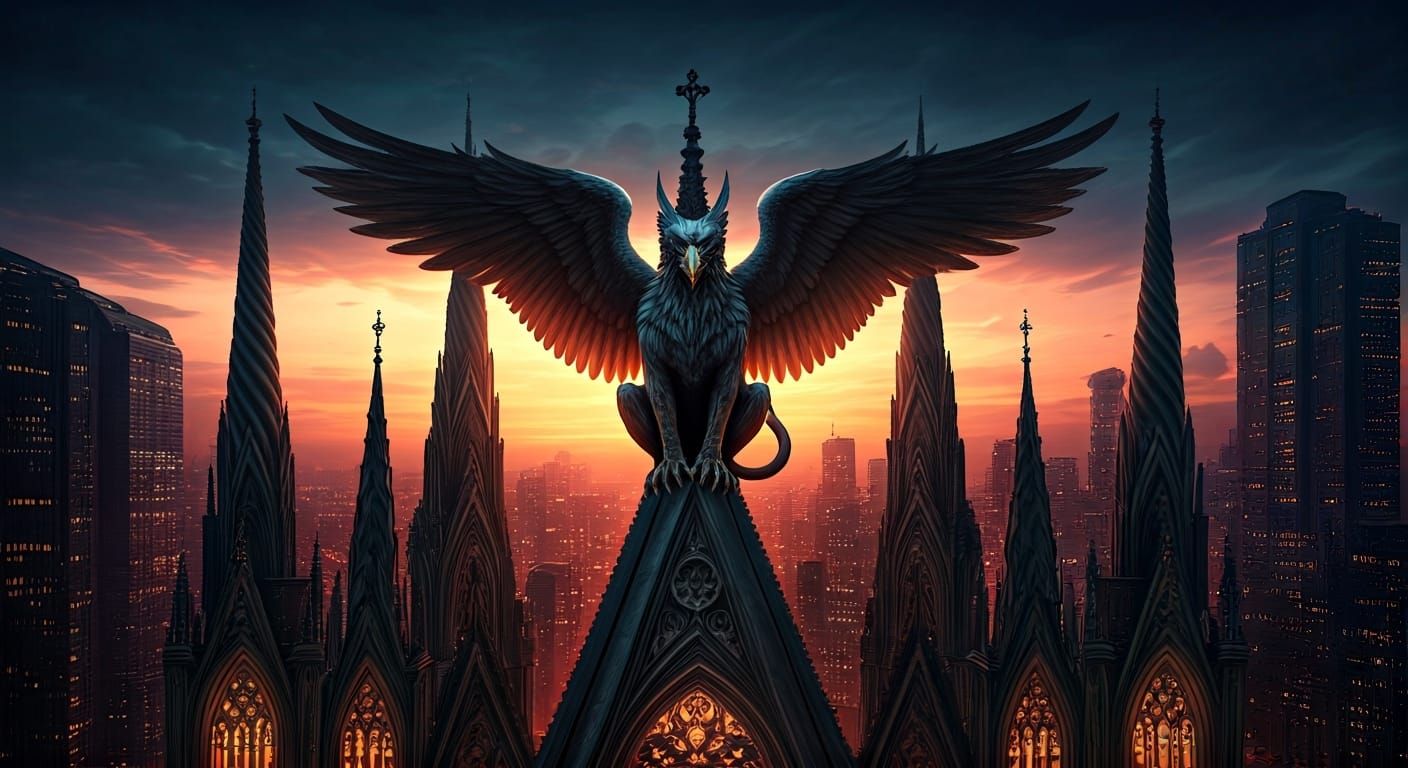 Griffin Over Cyberpunk City in Neo-Gothic Twilight