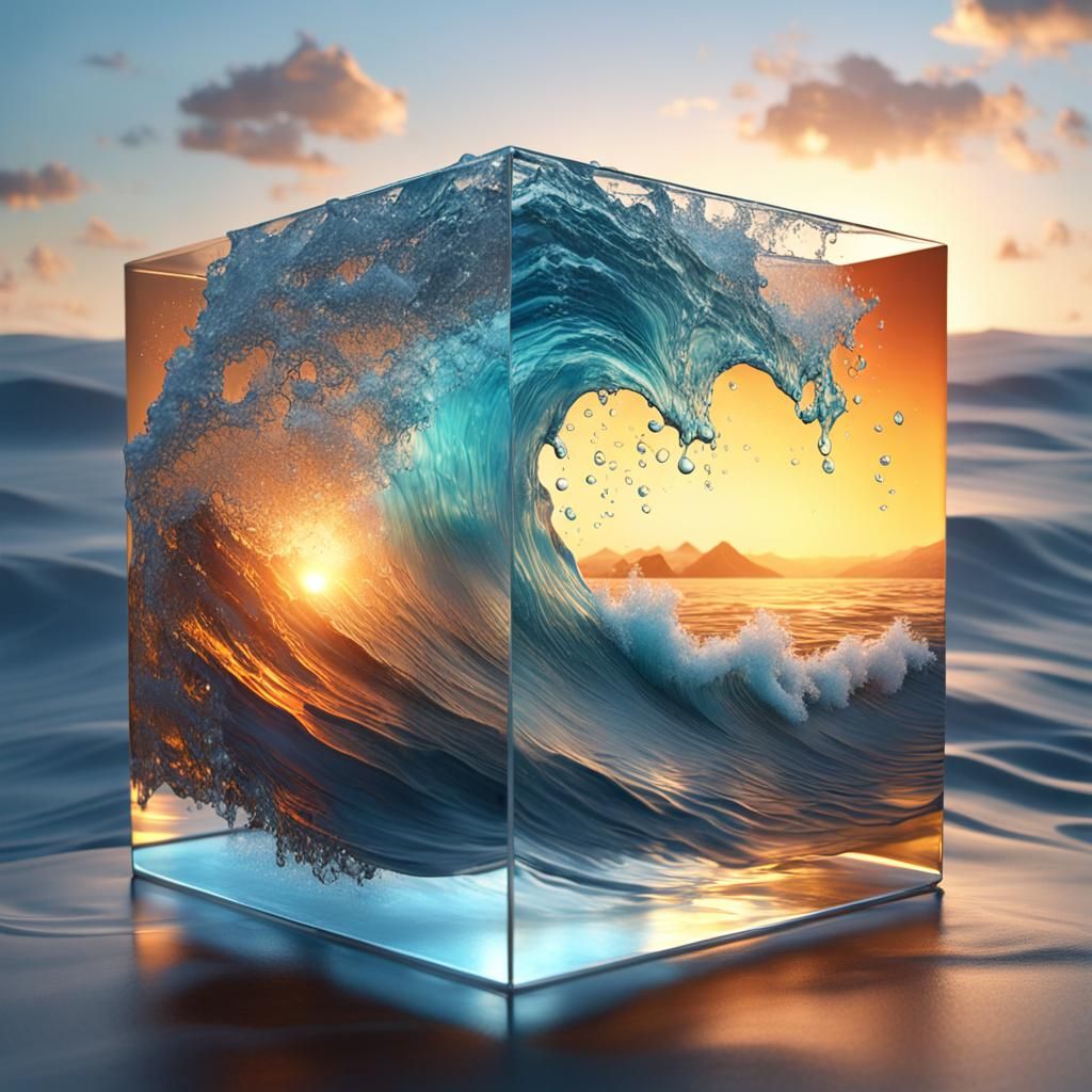 Crashing Wave Inside Glass Cube at Sunset