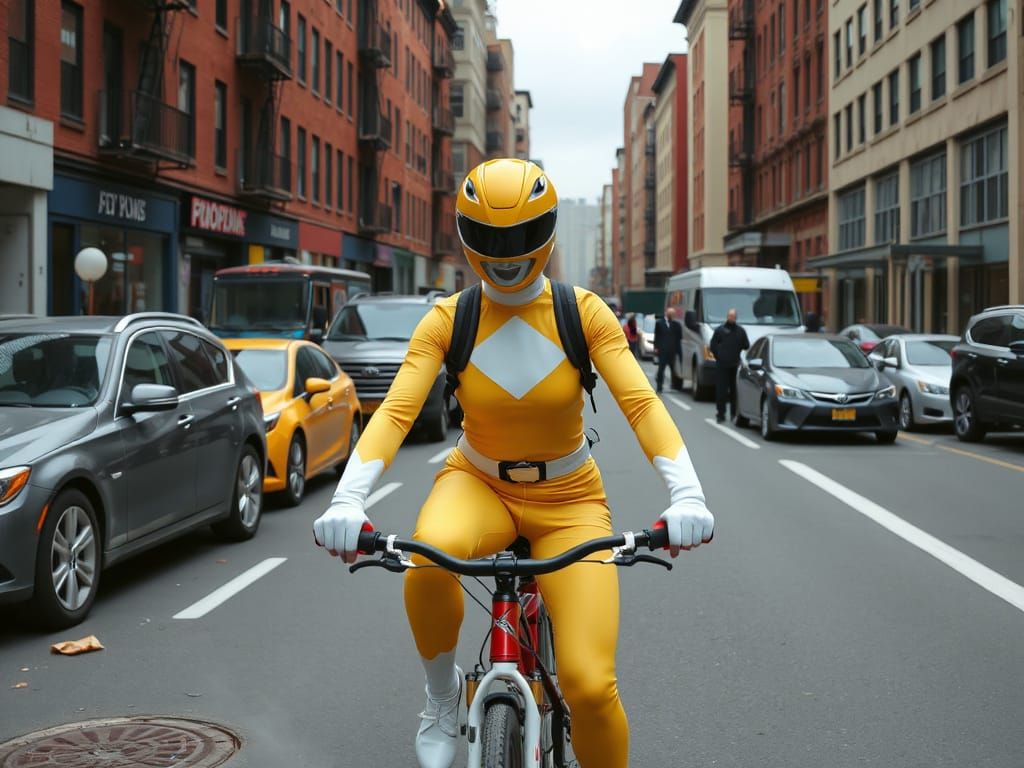 Hyper-Realistic Yellow Power Ranger Commutes Through Bustlin...