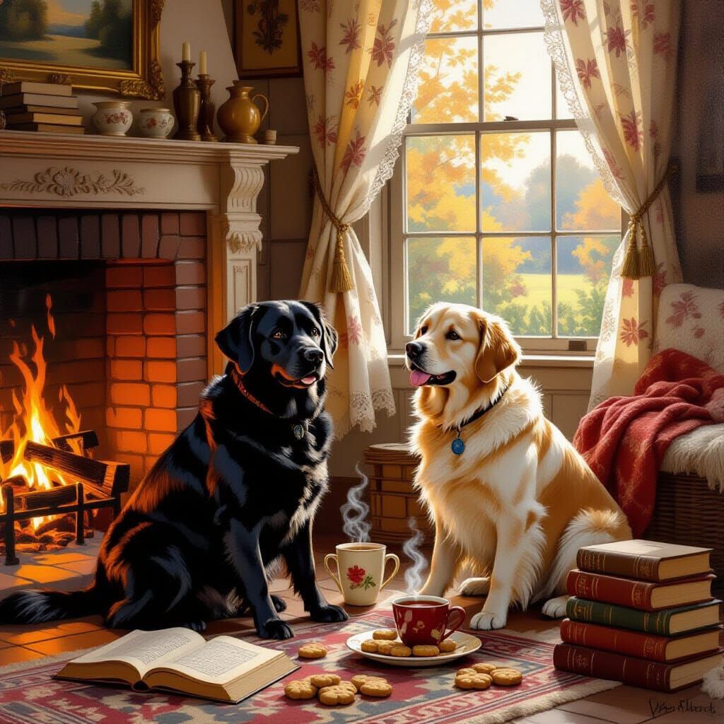 Cozy Cottage Interior with Dogs by Fireplace
