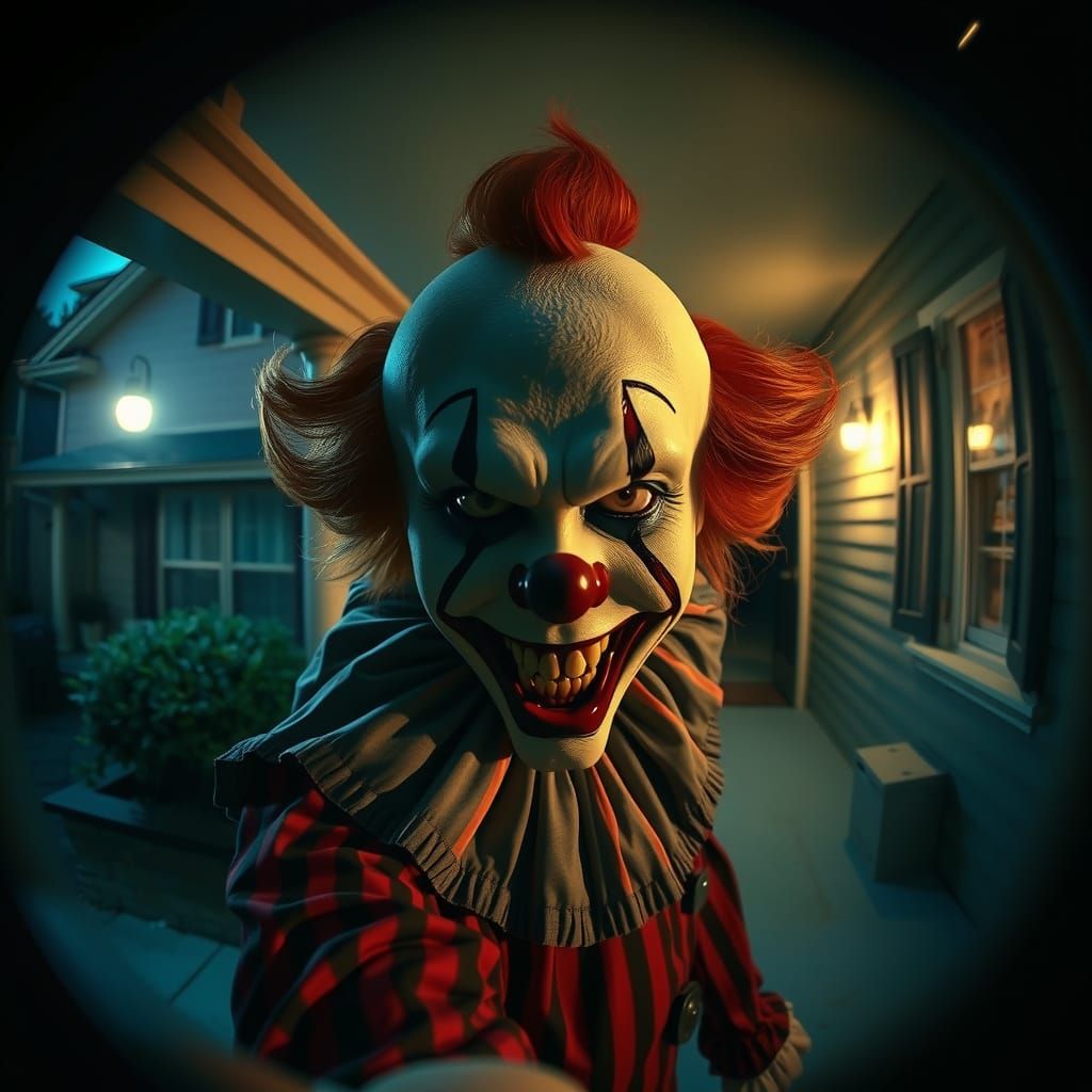 Sinister Clown Lurks in Shadows of Suburban Porch at Night