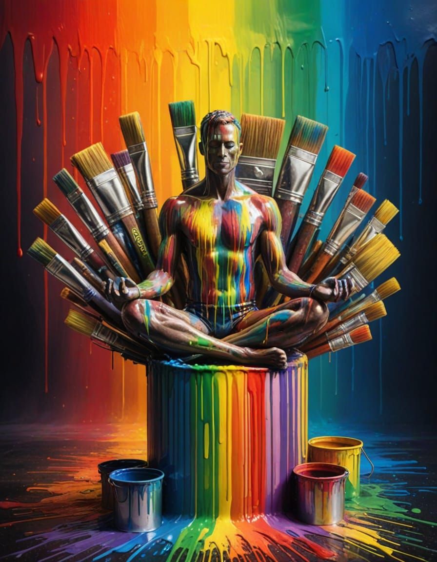 Muscular Male Meditates Amidst Rainbow Paint Drips in a Vibr...