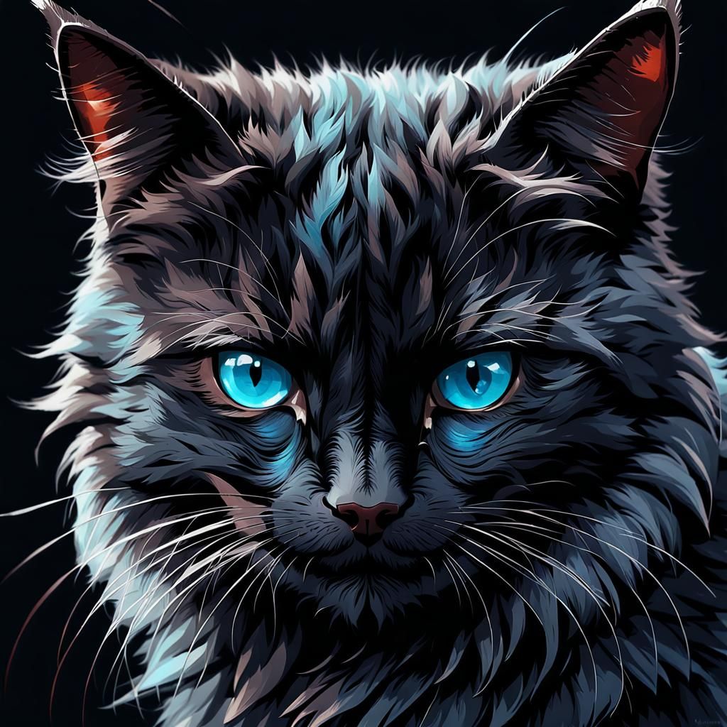 Fierce Fluffy Tomcat with Blue Eyes, Digital Art