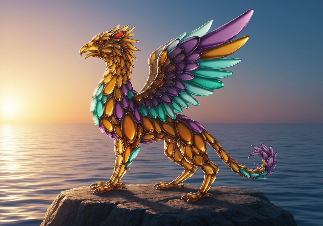 Mythical Griffin Sculpture of Polished Sea Glass