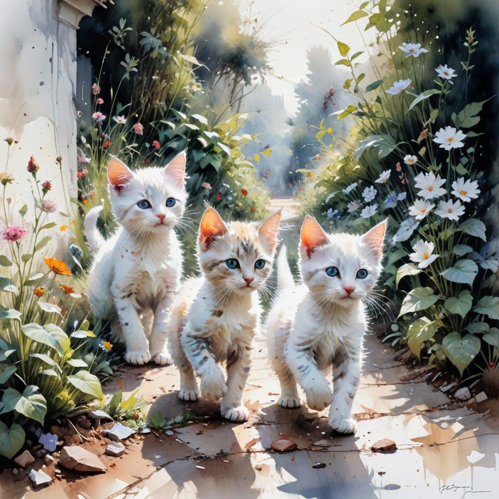 Kittens Frolicking in Garden Path in Watercolour Style