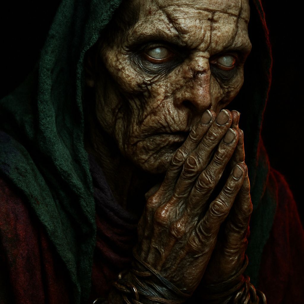 Grotesque Undead Figure in Dark Prayer