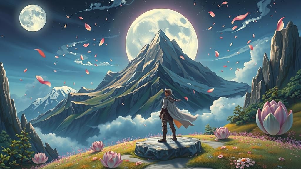 Adventurer in Anime Style Before Crystalline Mountain