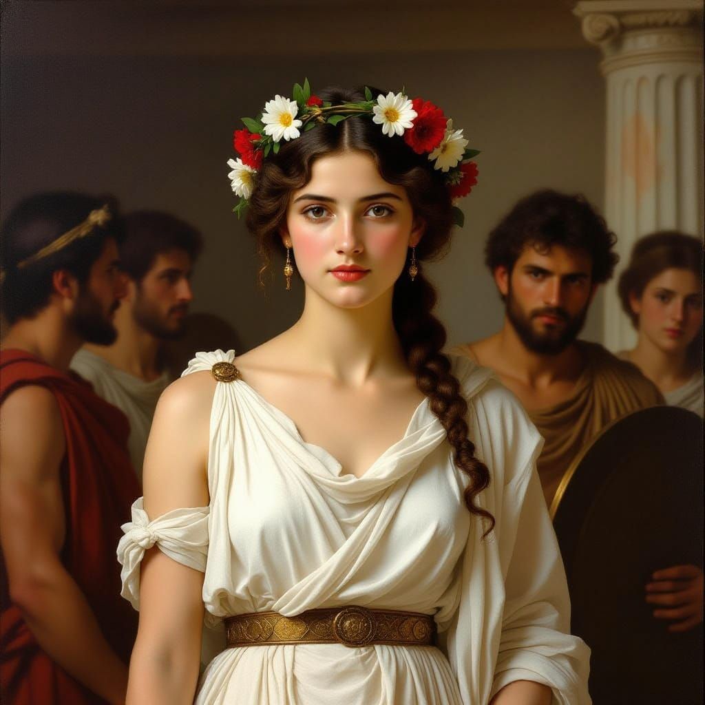 Ancient Greek Maiden Beset by Suitors in a Dramatic, Soft-Li...