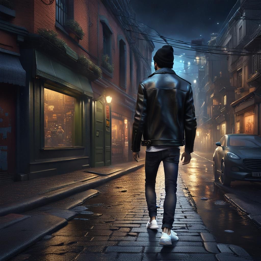 Young Man Walking City Street: Detailed Matte Painting