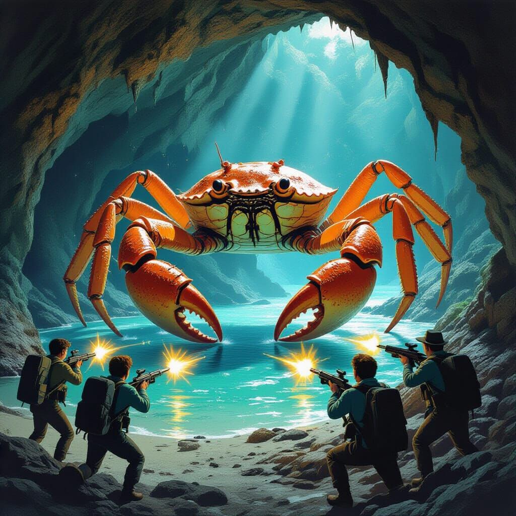 Giant Crab Attack on Island Explorers: 1950s Sci-Fi
