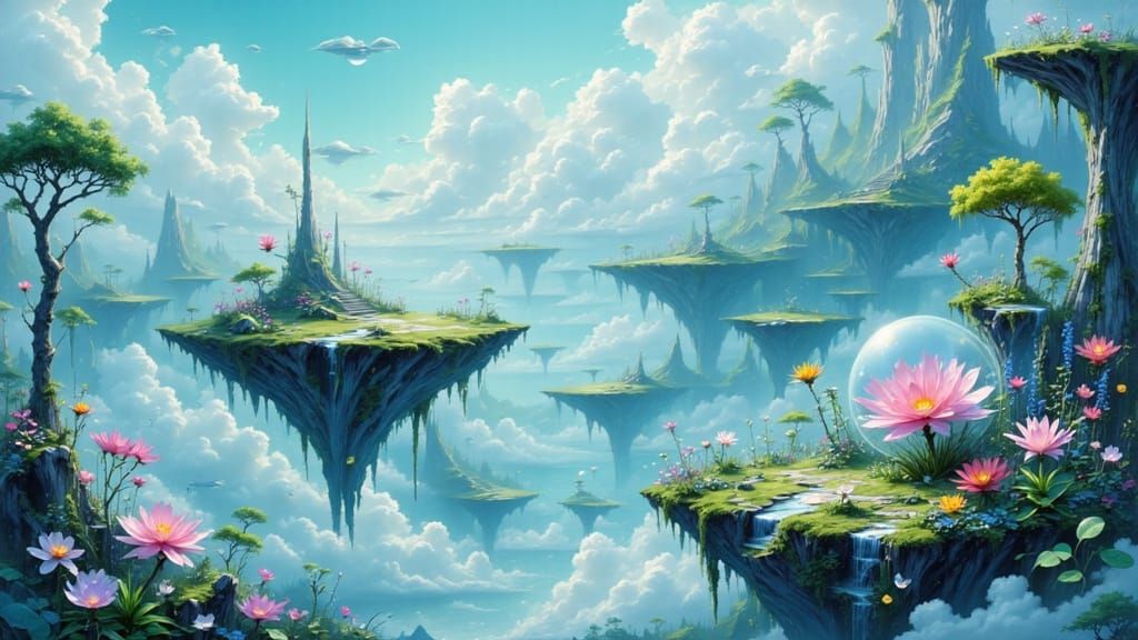 Surreal Floating Landscape with Crystal Bubbles
