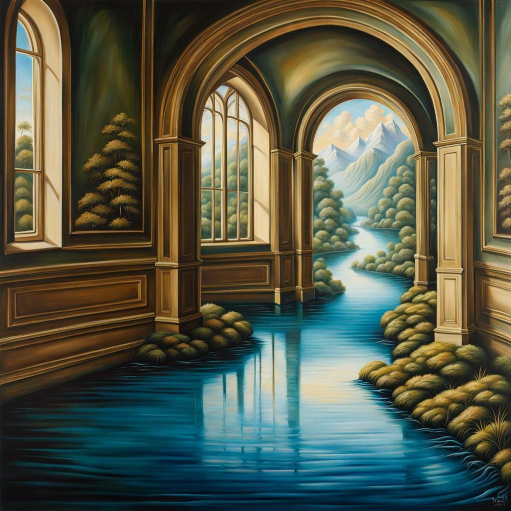 Illusionary River Painting in Trompe-l’œil Style