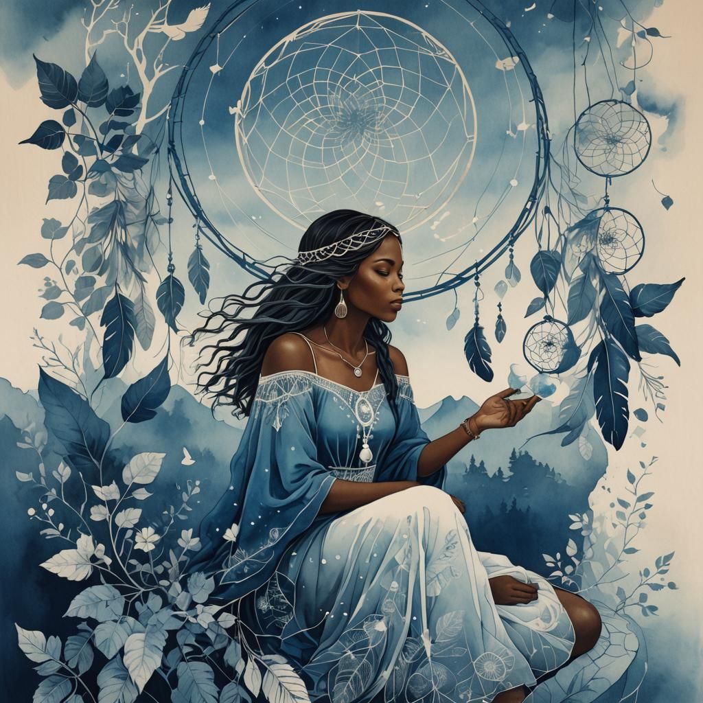 Woman with Dreamcatcher in Ethereal Cyanotype Style