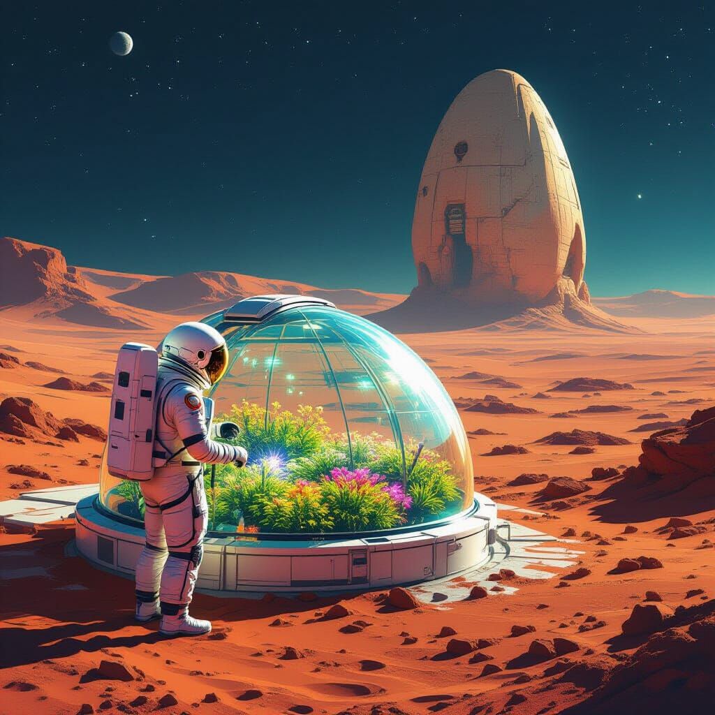Astronaut's Bioluminescent Garden on Barren Mars