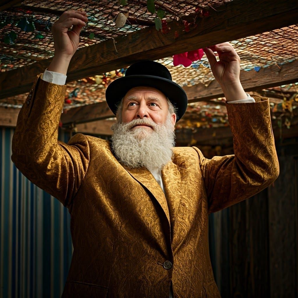 Hasidic Jew Decorating Sukkah: Cinematic Film Still