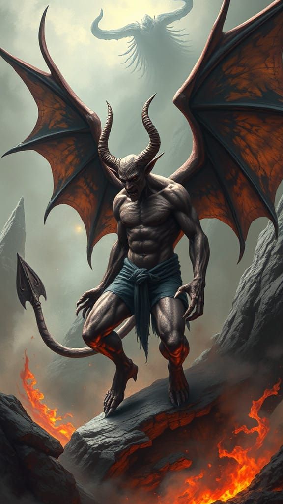 Satan Ascends from Tartarus with Wings and Horns