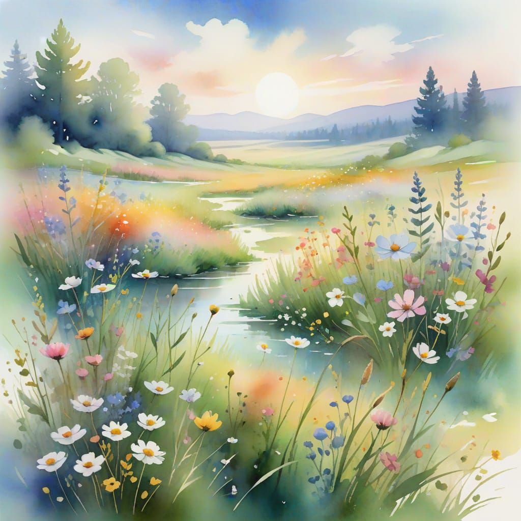 Peaceful Watercolor Meadow in Soft Morning Light