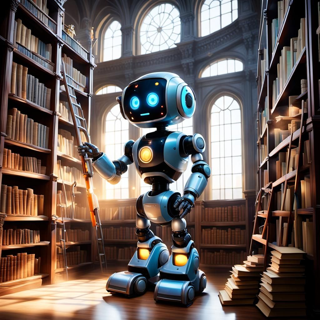 Charming Robot Balances on Ladder in Grand Library