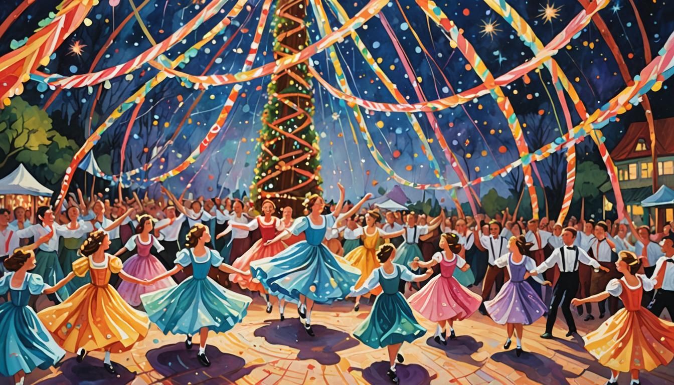 Bavarian Dancers at Luminous Maypole, Gouache Painting
