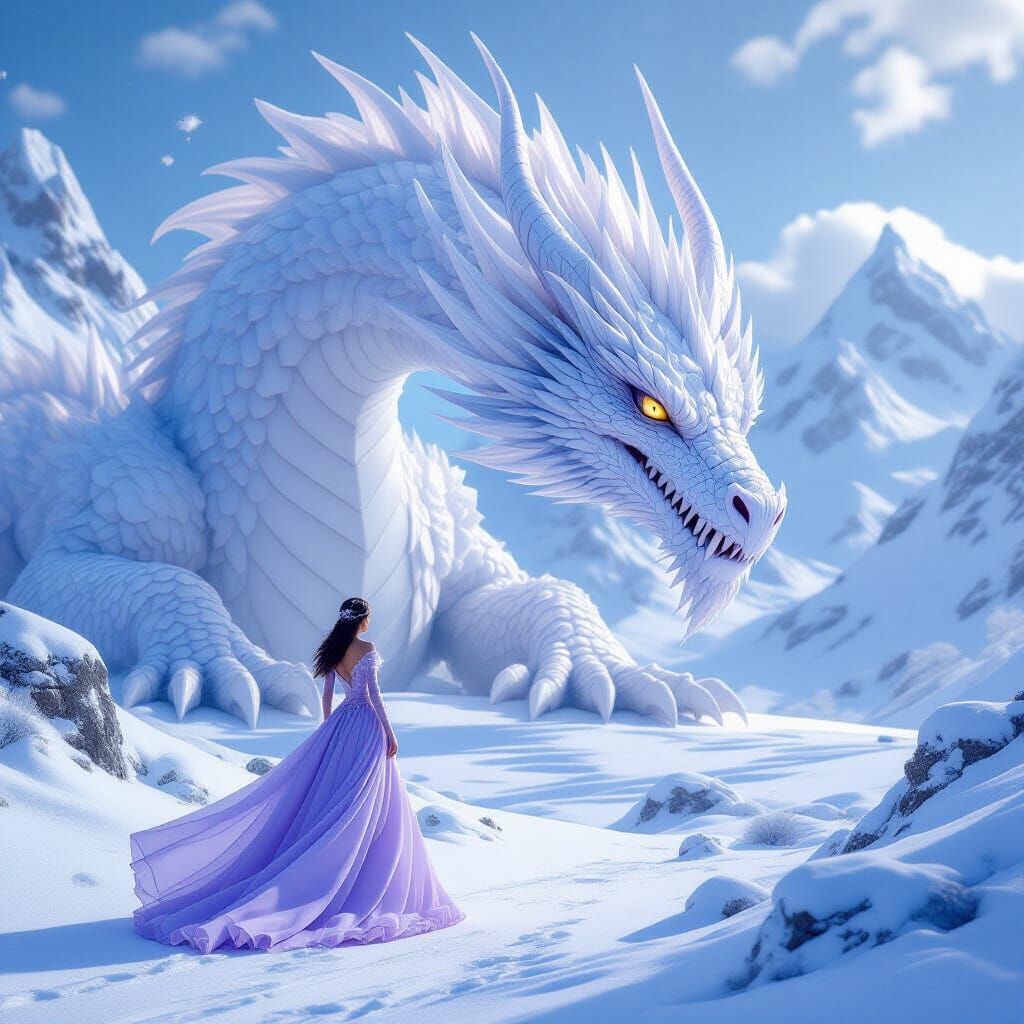 Crystal Princess and Dragon in Snowy Landscape