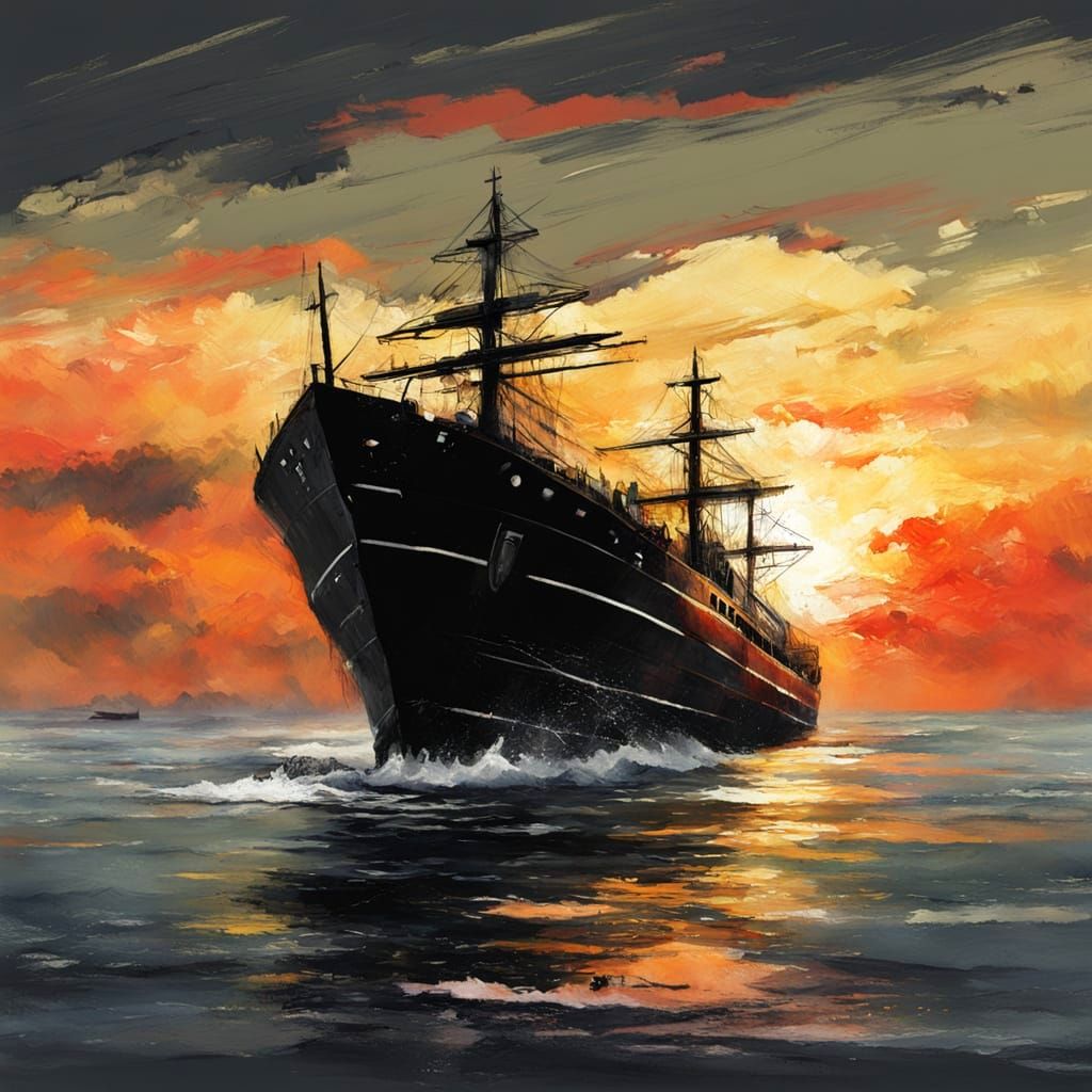 Fantasy Ship Receives Sunset Blessing in Thick, Textured Bru...