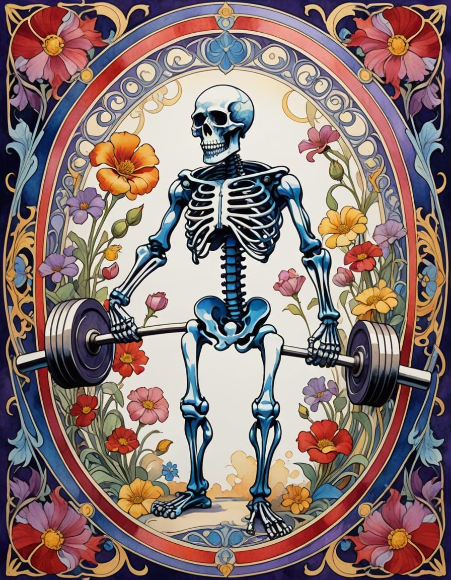 Vibrant Art Nouveau Skeleton in Deadlift