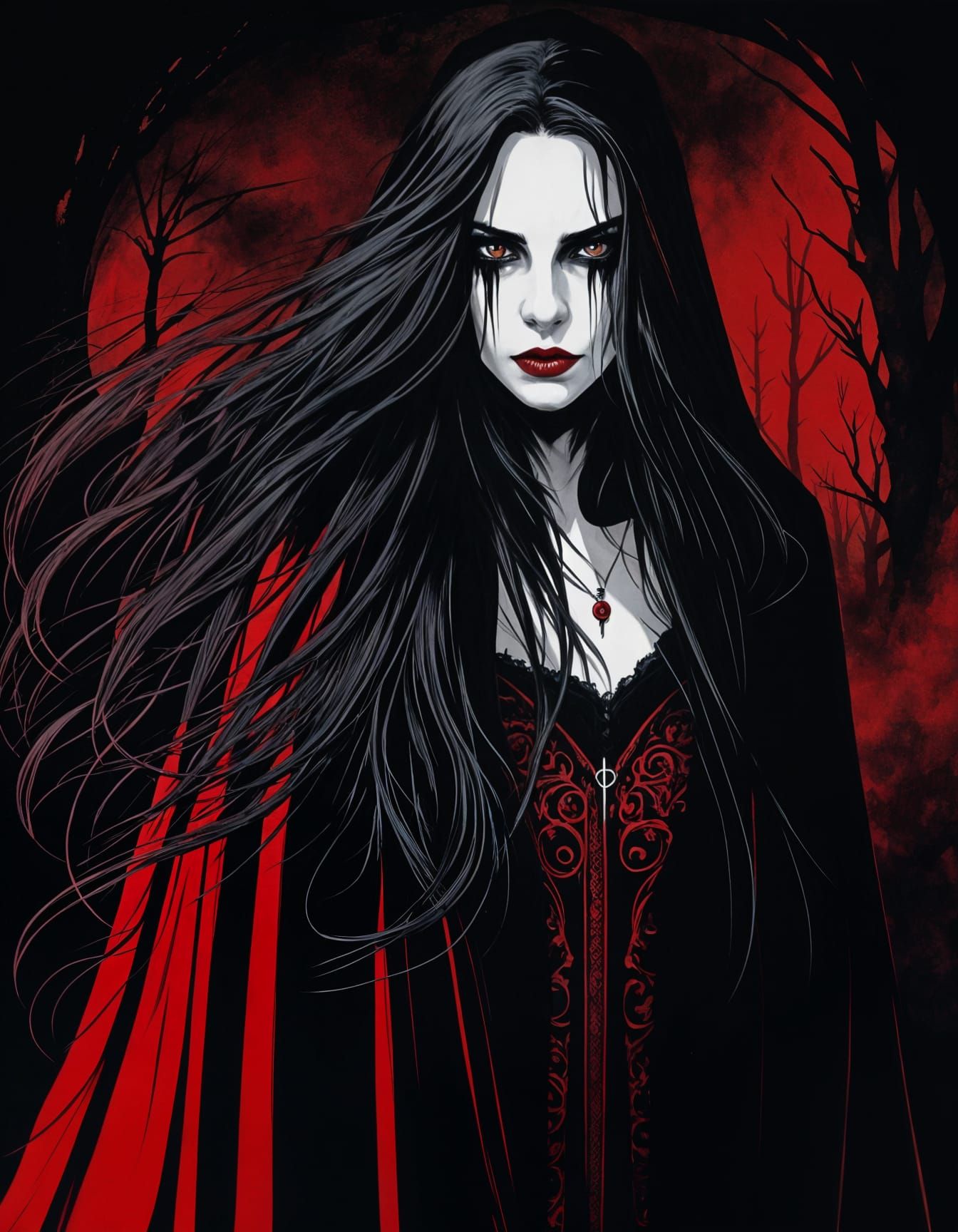 Gothic Vampire Woman in Ink Drawing Style