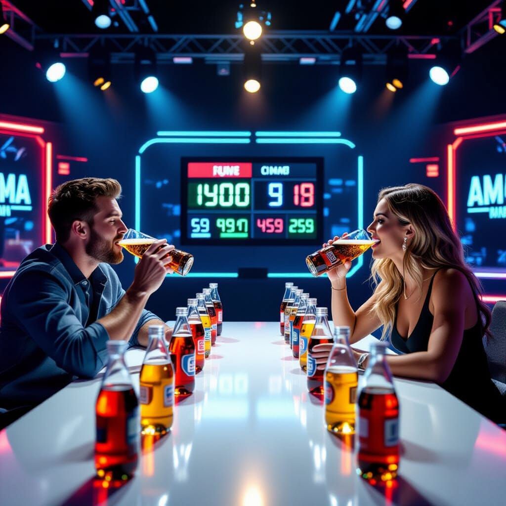 Live Soda Drinking Contest on TV Studio Set