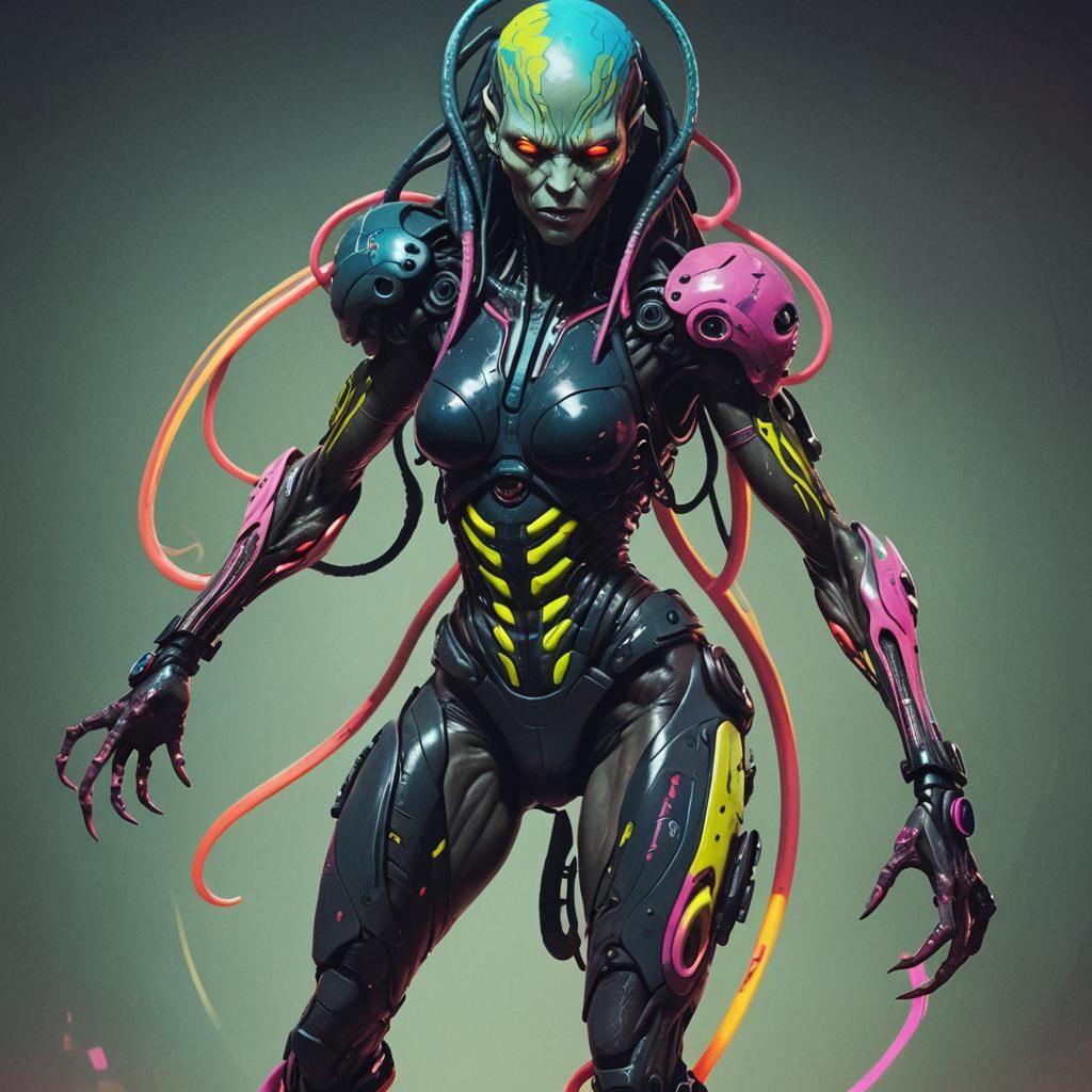Demonic Alien Woman with Tentacles in Cyberpunk Style