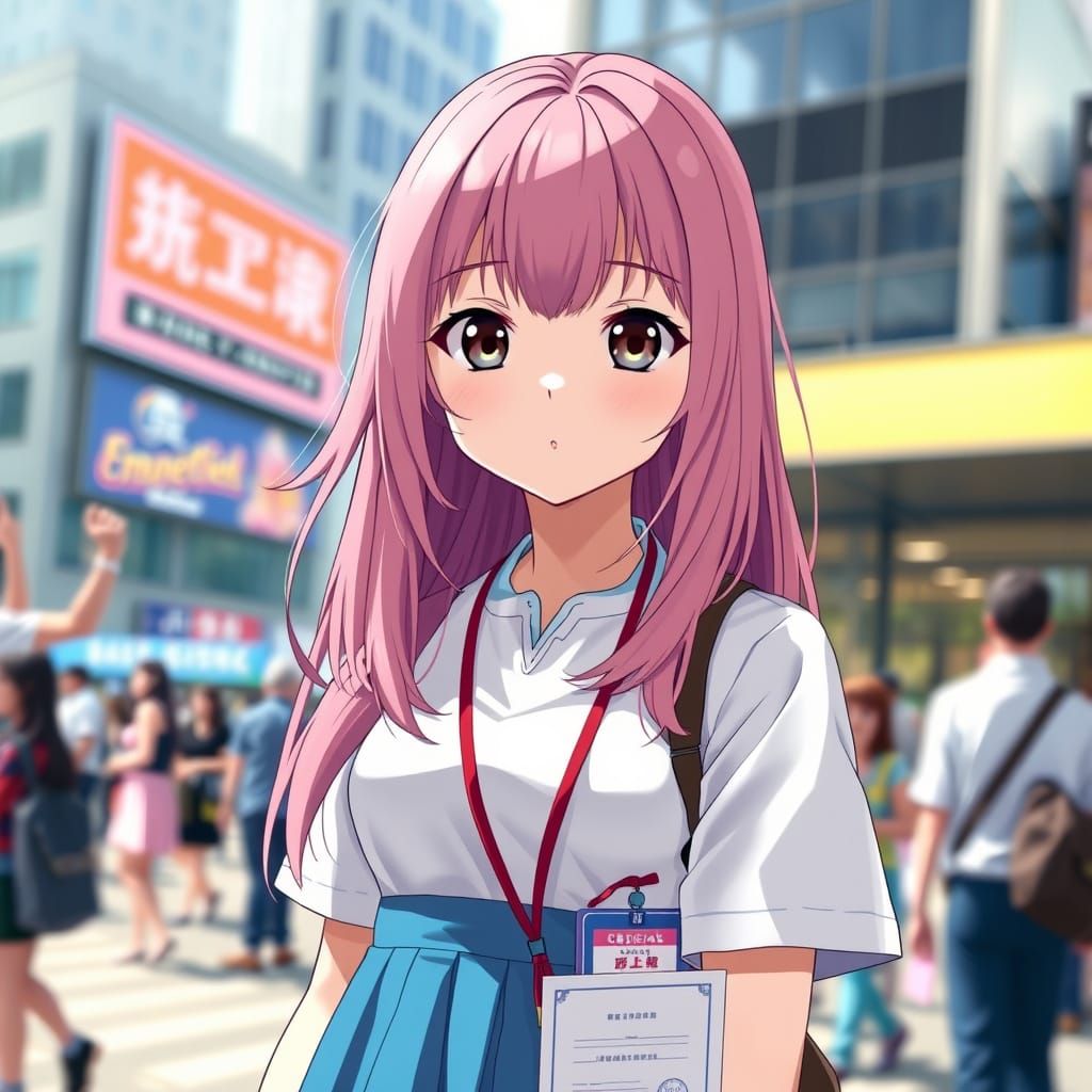 Anime Portrait of a Girl with Pink Hair and Blue Skirt in Ci...