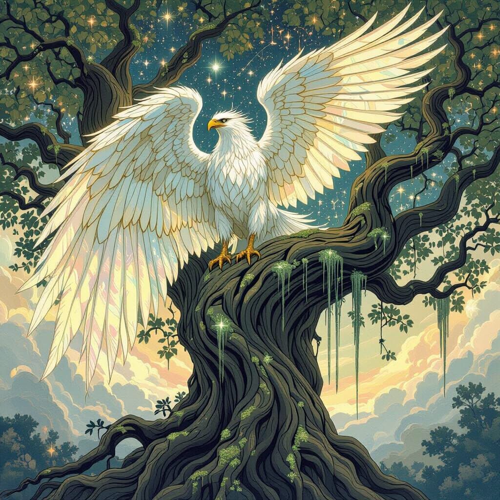 Griffin Perched on Ancient Tree, Art Nouveau