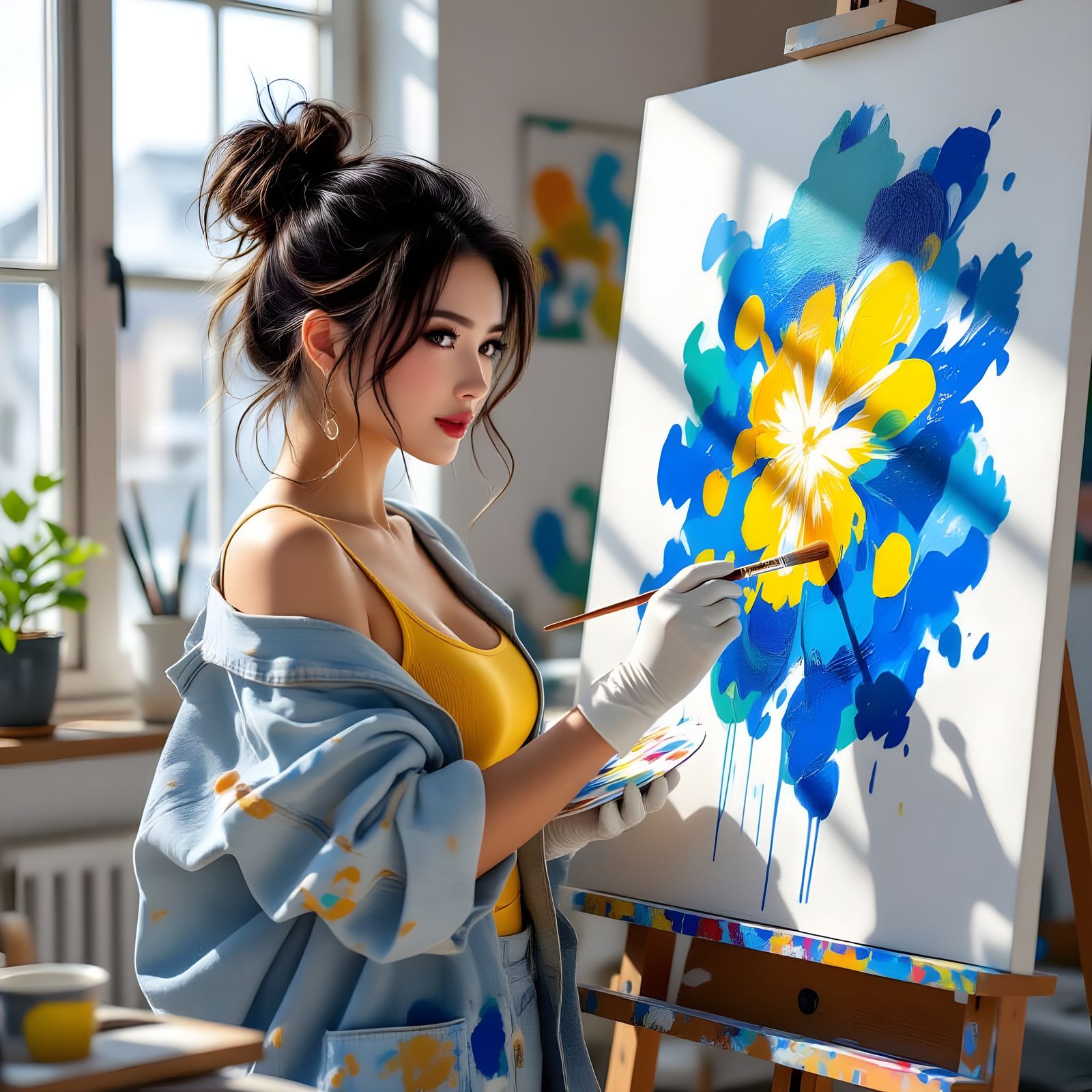 Hyperrealistic Portrait of an Artist in Sun-Drenched Studio