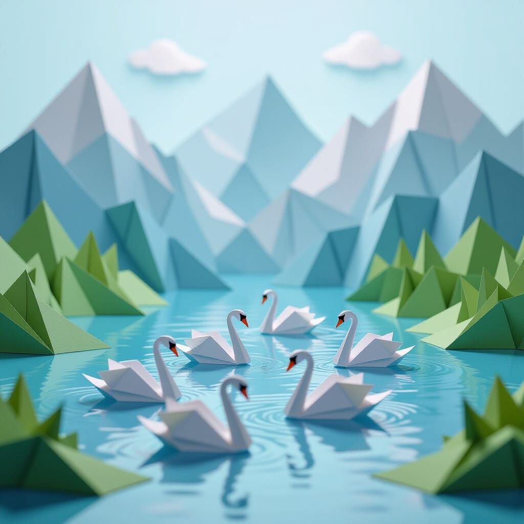 Origami Landscape with Paper Lake and Swans