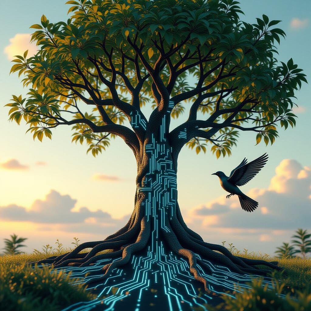 Majestic Tech Tree with Mechanical Bird in Cinematic Style