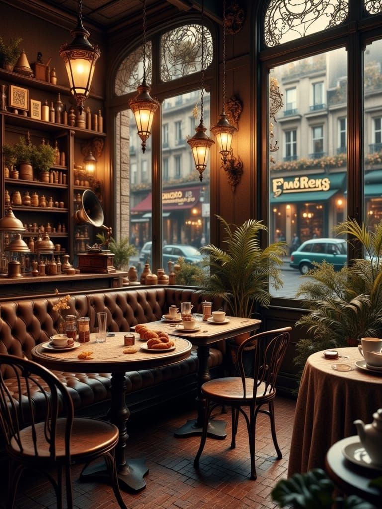 Cozy Retro Parisian Café in Art Nouveau Punk Style
