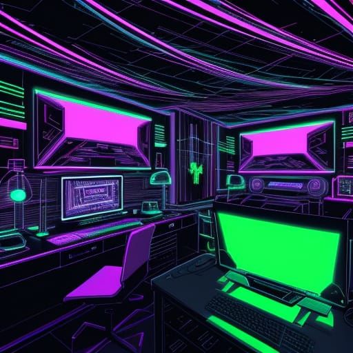 Neon Retro Computer Desk in Synthwave Style