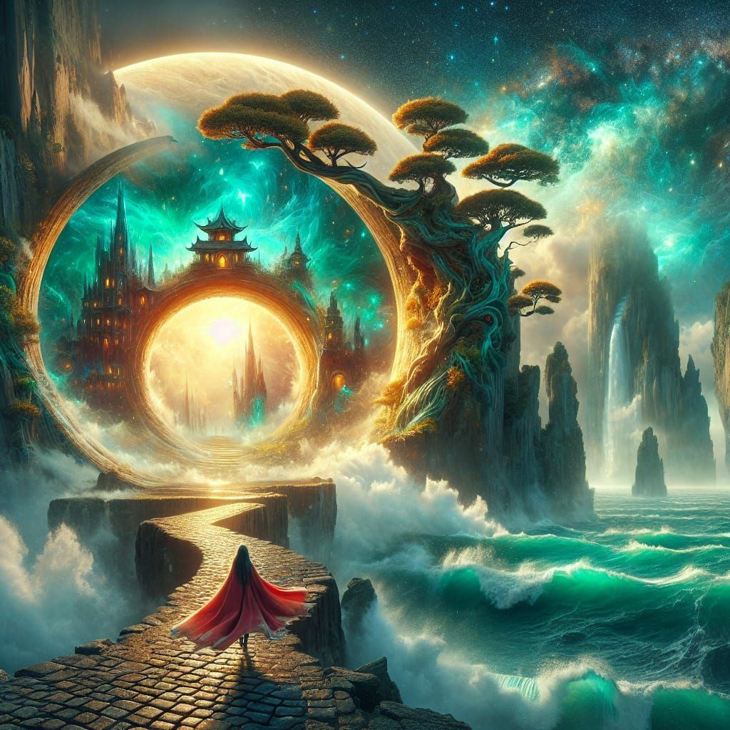 Ethereal Fantasy Realm with Radiant Portal and Towering Cast...