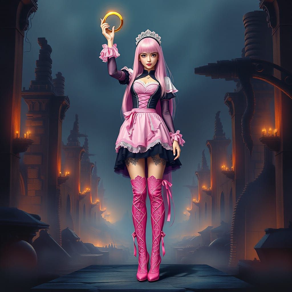 Futuristic Maid Goddess in Ruined City