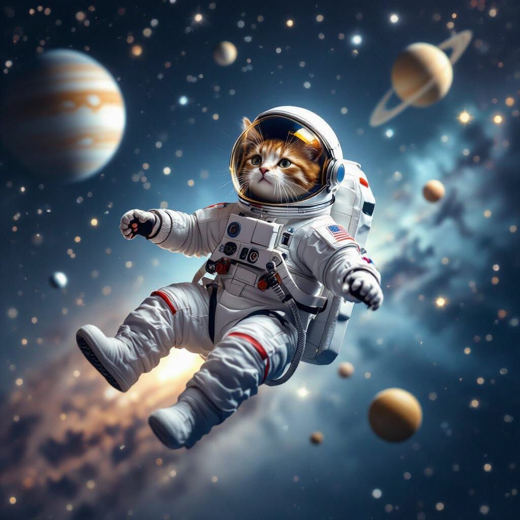 Astronaut Cat Soars Through Space in Photo-Realistic Style