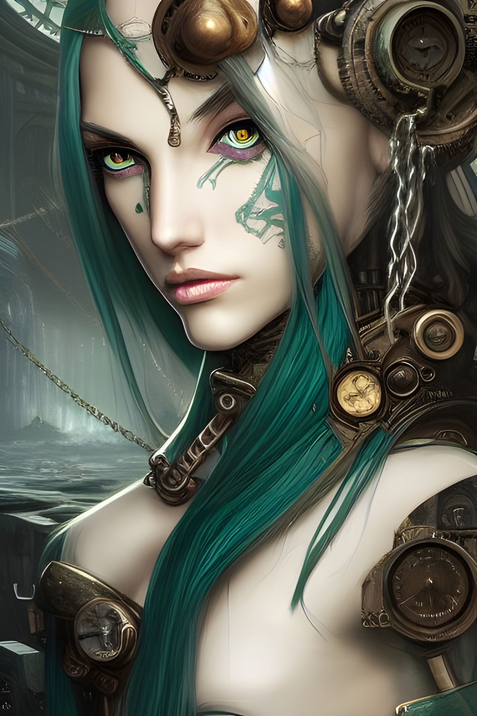 Steampunk Dark Elf Goddess in City Landscape