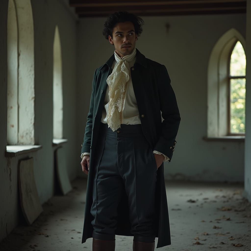 Hyperrealistic Man in Victorian Blouse in Abandoned Rectory